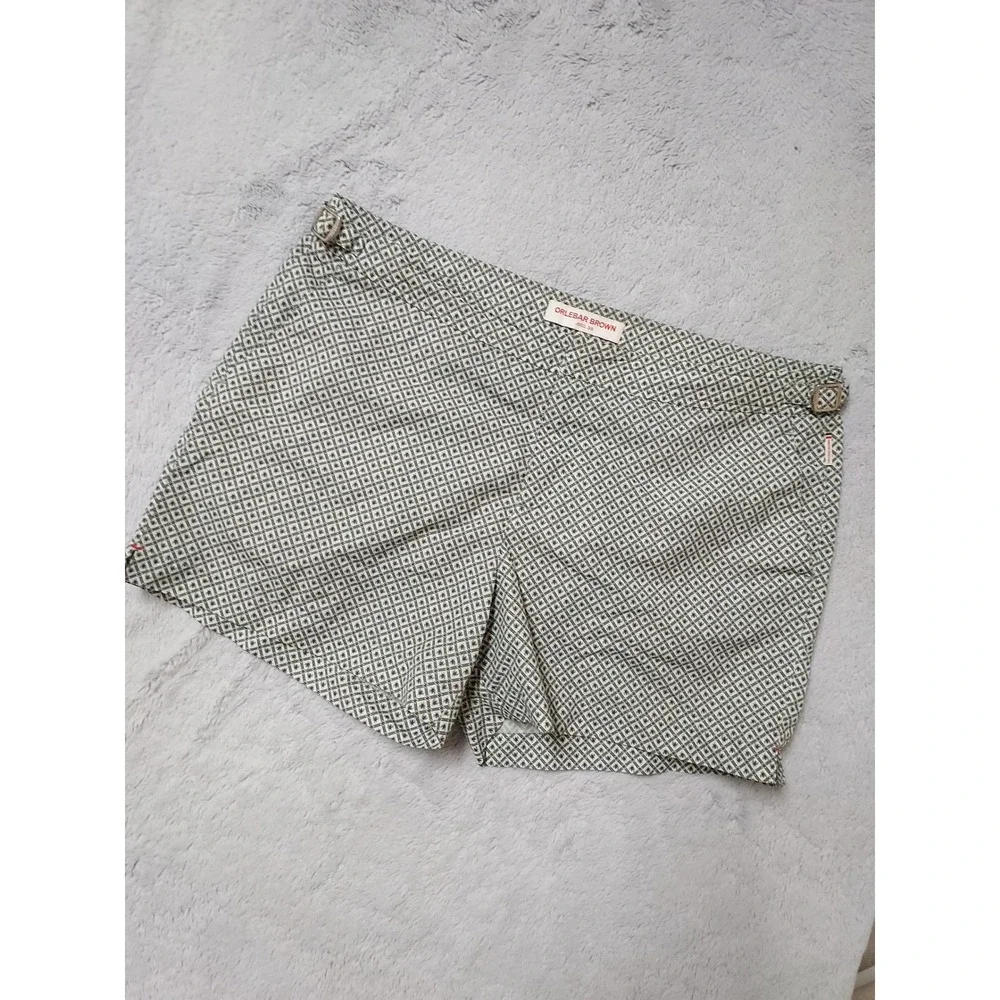 Orlebar Brown Swim Short Mens 38 Bulldog  Geometric Print Green Adjustable Waist